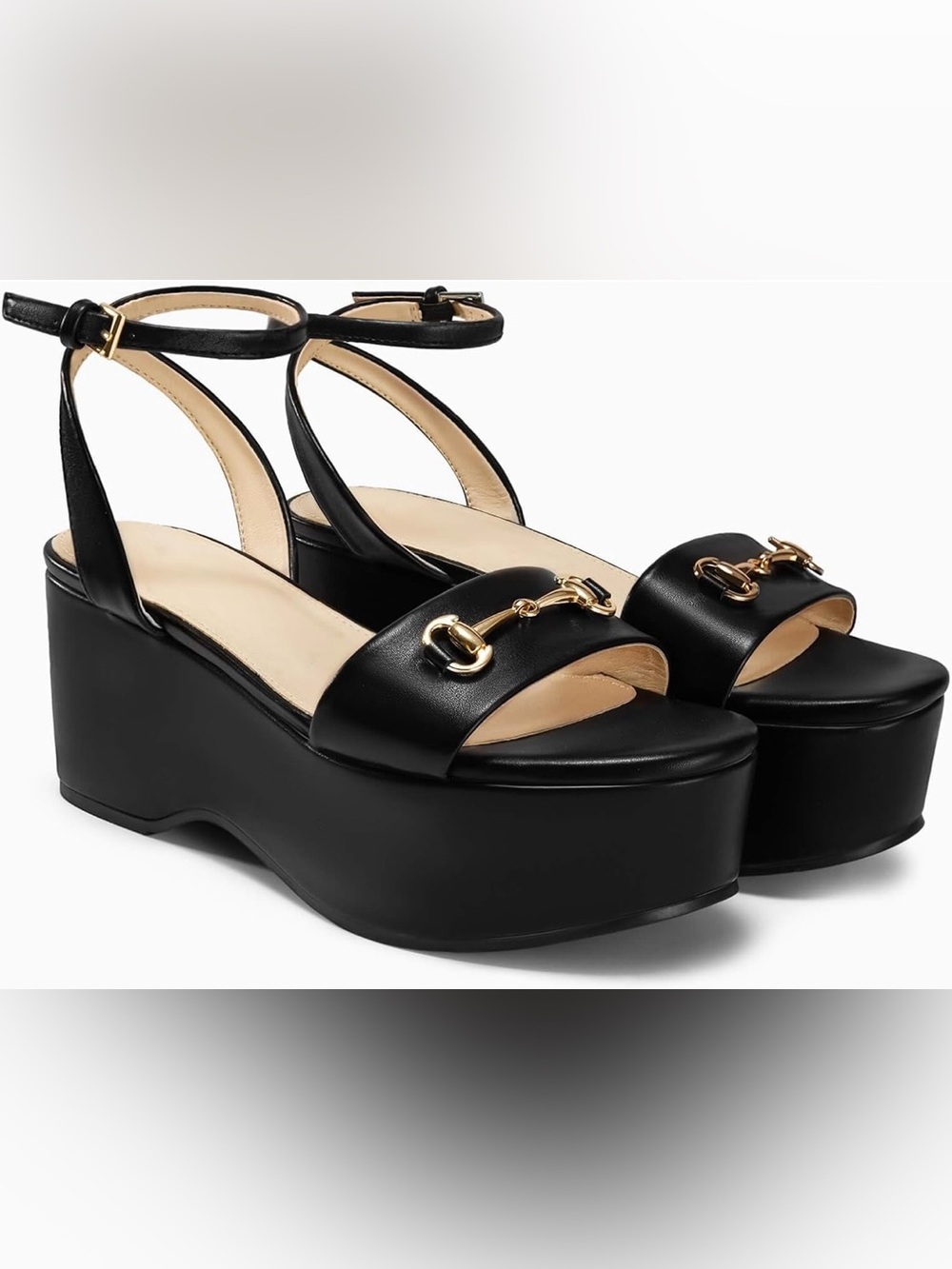 Black Platform Sandals with Open Toe, Ankle Strap, & Horsebit Buckle, Retail $69